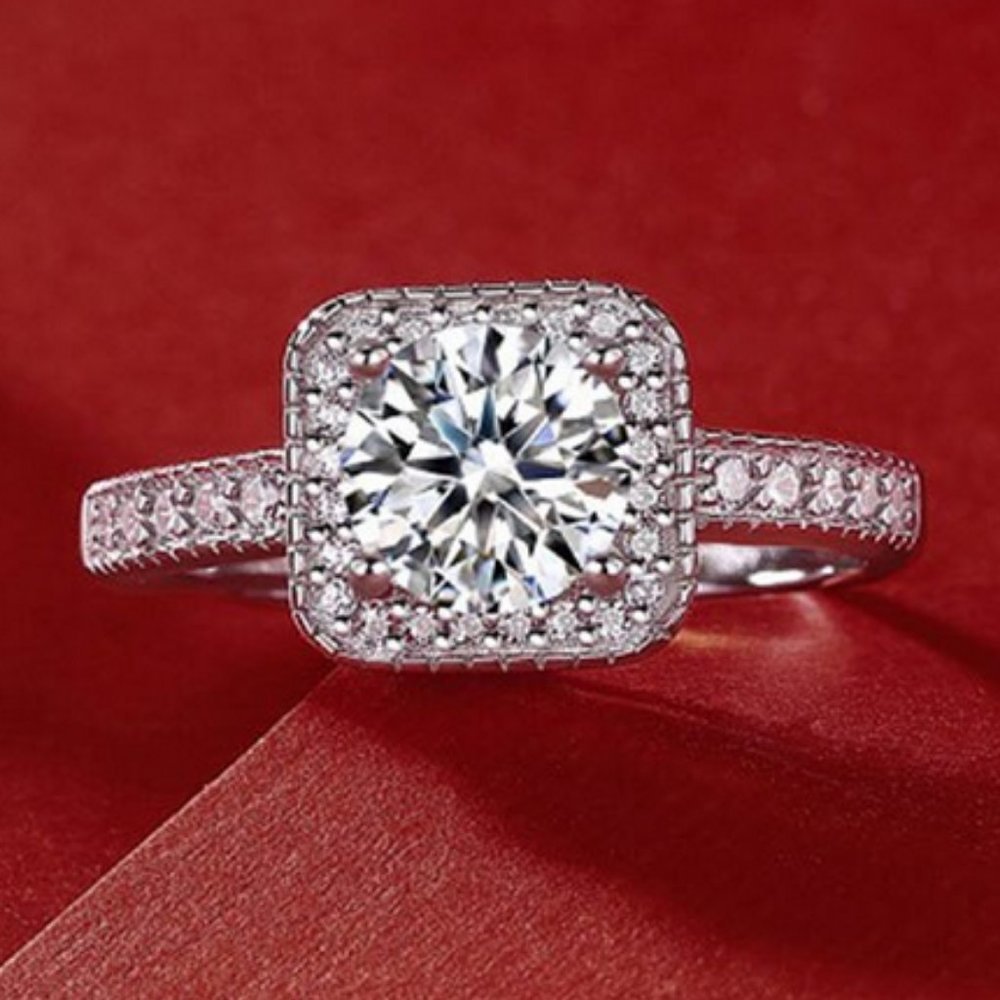 Certified 1ct. t.w. Moissanite Diamond Square Halo Wedding Engagement Ring NEW